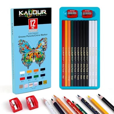 Kalour Wax-Based China Markers, 12 Pack Grease Pencils with 2 Sharpeners, 8 Colors, marker for Glass, Metal, Wood, Fabric and Paper