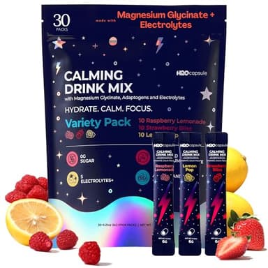 Calm Magnesium Glycinate Powdered Drink Mix with Electrolytes – Sugar Free with Ashwagandha, L-Theanine, Vitamin B6 & GABA – Cortisol Support, Stress Relief, Hydration & Focus - 30 servings (Variety)