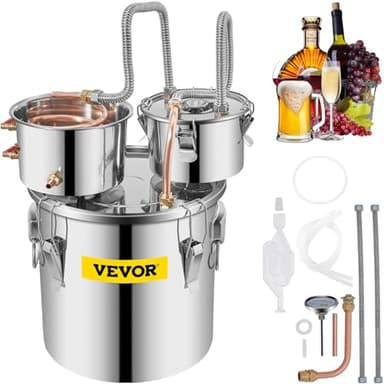 VEVOR Alcohol Still 5GAL/20L, Alcohol Distiller with Thumper Keg, Distillery Kit for Alcohol with Copper Tube & Build-in Thermometer & Water Pump