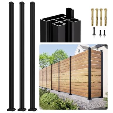 3 Pack 6FT 3-Way Aluminum Fence Post, 1.8mm Thick Walls & 10mm Base, Matte Black Wood Fence Post, Rustproof & Weather-Resistant for Outdoor Privacy Panels