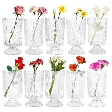 PEDOBALI 10 Pcs Flower Crystal Glass Vases 7 x 4 Inches Hydroponic Transparent Bottle Centerpieces Embossed Pedestal Vases for Wedding Party Office Home Dining Table