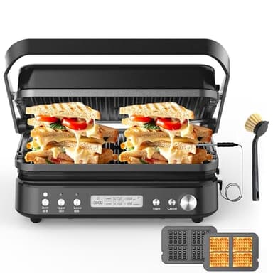 CATTLEMAN Panini Grill Press Sandwich Maker with Removable Plates, 1600W, 6 in 1 Waffle Maker & Electric Indoor Grill with Meat Thermometer, PFAS Free Ceramic Nonstick Reversible Plates, Opens Flat