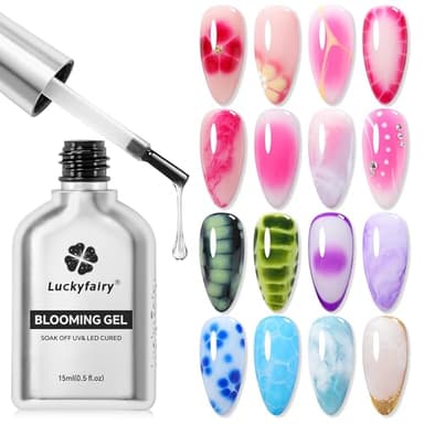 Luckyfairy Blooming Gel Nail Polish Clear: 15ml Nail Blooming Gel Uv Led Blossom Nail Art Accessories Stuff for Spreading Effects, Marble Watercolor Summer Floral Print Nails Art Design Magic Gift