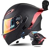 Bluetooth Modular Motorcycle Helmet DOT Approved Flip Up Full Face Integrated Anti-Fog Double Visor Helmet Street Bike Helmet Built-in Dual Speaker with Microphone for Adults Men and Women (Color : R