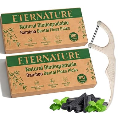 Biodegradable Dental Floss Picks for Teeth, 200ct Organic Natural Bamboo Charcoal Double Thread Floss Sticks, Flossers for Adults, Vegan Wheat Straw Flossers, Eco Friendly Teeth Cleaning, Mint