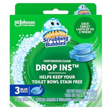 Scrubbing Bubbles Continuous Clean Toilet Drop-Ins, Automatic Blue Toilet Bowl Cleaner, Septic-Safe Tank Tablets Remove Hard Water Minerals & Limescale, Stain & Smell Protection, 3 Count (Pack of 1)