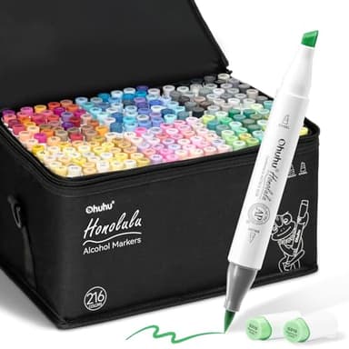 Ohuhu Brush Markers - 216-color Double Tipped Alcohol-based Art Marker Set for Artist Adults Coloring Illustration -Brush & Chisel Dual Tips - Honolulu Series of Ohuhu Markers - Refillable Ink