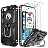 Case for iPhone SE (1st gen - 2016), Case for iPhone 5S with [3X Tempered Glass Screen Protector]， Shockproof Armor Built-in Ring Kickstand and Magnetic Car Mount Case for iPhone SE/5/5S (4") - Black