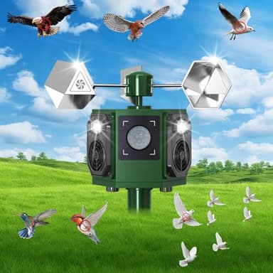 Upgraded Solar Ultrasonic Bird Repellent Outdoor Woodpecker Deterrent for House with Motion Sensor & Flash Light & Reflectors to Scare Birds Away Waterproof Goose Pigeon Repellent for Garden Balcony