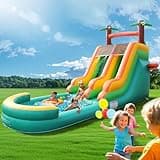 26.4FT Extra Inflatable Water Silde Swimming Pool for Kids Adults, Heavy Duty 100% PVC Water Slide with Big Airtight Water Pool, Waterslide with 1100W Blower, Basketball Hoop, 26.3x10x17.3FT (Green)
