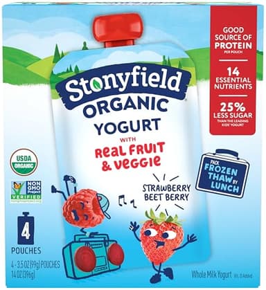 Stonyfield Organic Kids Strawberry Beet Berry Whole Milk Yogurt Pouches, 3.5 oz., 4 Ct – Real Fruit and Veggie; On The Go Snack and Breakfast Addition