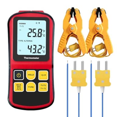 JuviPerpric Digital K Type Thermocouple Thermometer, Dual Channel Thermocouple Tester(-238~3212℉) with 2 Temperature Clamp and 2 Wired Thermocouple Probes