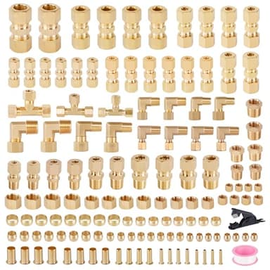 HASAOMOI 135PCS Brass Compression Tube Pipe Fittings Kits, 1/8" 3/16" 1/4" 3/8" 1/2" Union/Tee/Elbow/Straight Connector for Industrial Use and Trucks Trailers