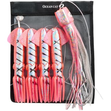 OCEAN CAT Teaser Chain Trolling Lure Saltwater Fishing Lure Bag with Circle Hook and Fishing Line Fully Rigged Teasers for Wahoo Tuna Marlin Mahi Mahi (#036-Pink, 9in+6in+7/0)