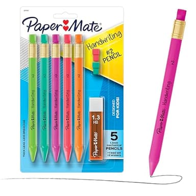 Paper Mate Handwriting Triangular Mechanical Pencil Set with Lead & Eraser Refills, 1.3mm, 8 Count - Back to School, Teacher Supplies, Home, Kids Writing, Fun Barrel Colors