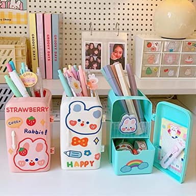 JHTPSLR Kawaii Refrigerator Stationery Organizer Box Pen Holder Cute Aesthetic Pencil Makeup Storage Container Kawaii Organization Stuff School Supplies for Kids Teen Girls (White)