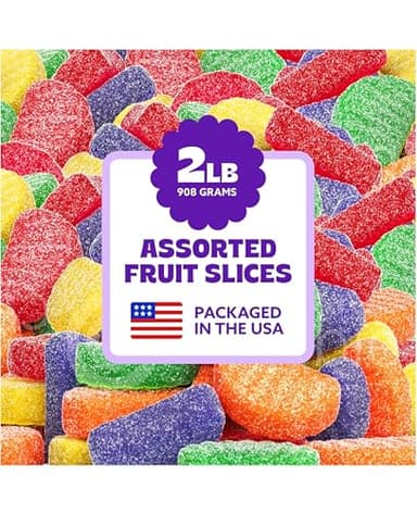Cambie Fruit Slices Candy, 2 lb of Assorted Fruit Slices Jelly Candy in Five Mouth-Watering Flavors - Cherry, Orange, Mint, Grape and Lemon, Soft & Gooey Texture