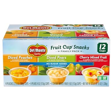 Del Monte Fruit Cup Snacks Variety Pack with No Added Sugar, 4 oz Cups (12 Pack) Diced Peaches, Diced Pears, Cherry Mixed Fruit
