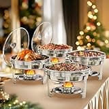 WARMOUNTS 4-Pack Chafing Dish Buffet Set, 5QT Round Buffet Servers Warmers Set, Stainless Steel Catering Food Warmer with Glass Lid & Holder for Party