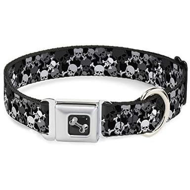Buckle-Down Dog Collar Seatbelt Buckle Top Skulls Stacked Black Gray White 11 to 17 Inches 1.0 Inch Wide (DC-W32078-M)