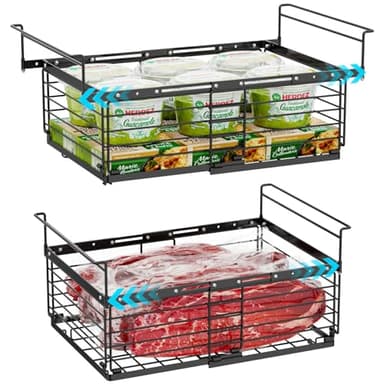 iSPECLE Freezer Organizer Bins for 10 to 20 Cu.Ft, 2 Pack Expandable Hanging Baskets Fit 17.5"-22.6" Width, Metal Wire Storage Racks for Deep Freeze, Not for Upright, Black