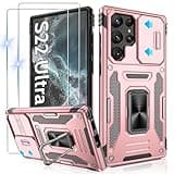 Gritup for Galaxy-S22-Ultra-Case with Slide Camera Cover + [HD Screen Protector×2], 360° Metal Rotated Kickstand,Military Grade Shockproof Protective Cover Case for Samsung S22 Ultra,Rose Gold
