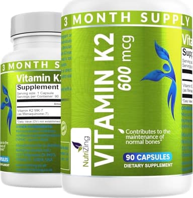 NutriZing K2 Vitamin Supplement MK-7 - High Strength 600mcg - Supports Bone & Arterial Health - 90 Vegan Capsules - Vitamin K2 for Men & Women - 3 Month Supply