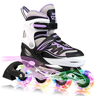 2PM SPORTS Cytia Pink Girls Adjustable Illuminating Inline Skates with Light up Wheels, Fun Flashing Beginner Roller Skates for Kids (Purple, Medium - Big Kid (13C-3 US))