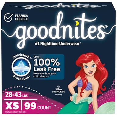 Goodnites Girls' Nighttime Bedwetting Underwear, Size Extra Small (28-43 lbs), 99 Ct, Packaging May Vary