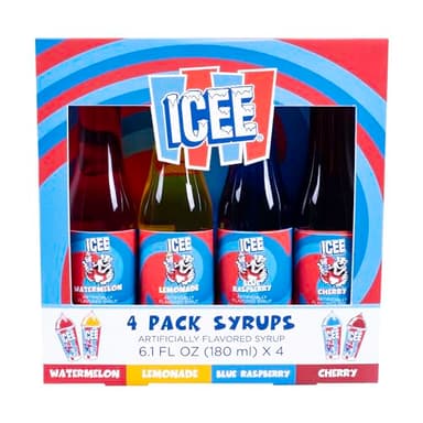 ICEE 4 Pack Slushie Syrups. Genuine ICEE Shaved Ice Snow Cone Syrup including Watermelon, Lemonade, Blue Raspberry & Cherry Flavors. 4 x 6.1floz. Perfect For Snow Cones, Slushies, Sodas & Ice Pops.