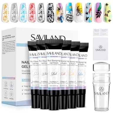 SAVILAND Nail Stamping Gel Polish Kit: 6 Colors Nail Stamping Polish Gel with French Tip Tool Silicone Stamp 8ML Stamper Polishs Gels Painting Gels Nails Kit for DIY Nails Art Design