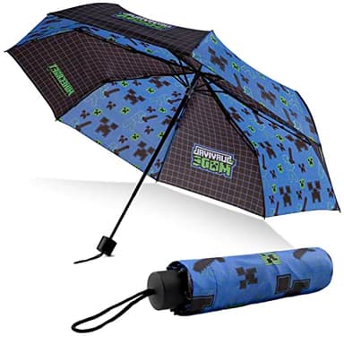 Minecraft Folding Umbrellas for Boys Girls Durable Compact Umbrella Windproof Travel Umbrella for Teens and Gamers (Black/Blue)