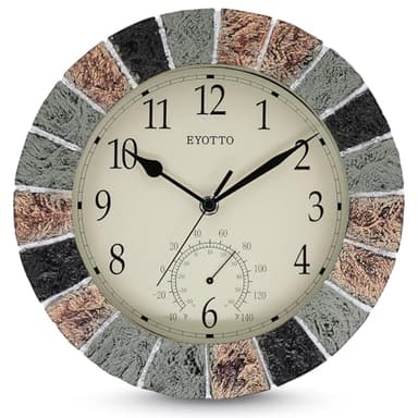 eYotto 10 Inch Small Indoor/Outdoor Waterproof Wall Clock with Thermometer Silent Non-Ticking Battery Operated Wall Clocks Weatherproof for Patio, Pool, Garden, Lanai, Fence, Porch, Deck, Bathroom