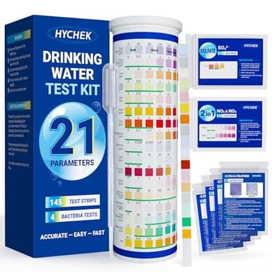 HYCHEK 21 in 1 Accurate Drinking Water Testing Kits, 145 Strips + 4 Bacteria Tests, Well and Tap Water Test Kit, Home Test Strips for Lead, Fluoride, Chlorine, Hardness, pH, Iron, Copper, and More