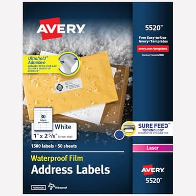 Avery Durable Waterproof Address Labels with Sure Feed Technology, 1" x 2-5/8", White, Laser & Pigment-Inkjet Compatible, 1,500 Blank Labels Total, Great for Mailing, Branding, and More (5520)