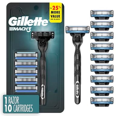 Gillette Mach3 Shaving Razor for Men, 1 Razor Gillette 3-Blade Handle for Men’s Grooming, 10 Razor Blade Refills, Lubrication Strip