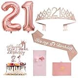 21st Birthday Decorations For Her ZJDZTK,Including Rose Gold 21st Birthday Sash,Crown,Cake Topper,Digital Candles,Balloons Set,Accompanying Birthday Card And Beautiful Gift Box