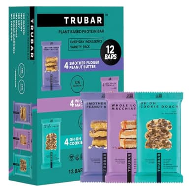 TRUBAR Vegan Protein Bar Variety Pack, Assorted Flavors, Peanut Butter, Macchiato, Cookie Dough, Gluten Free, Vegan Protein Snacks, 12G Plant-Based Protein, High Fiber, Healthy Protein Bars, 12 CT
