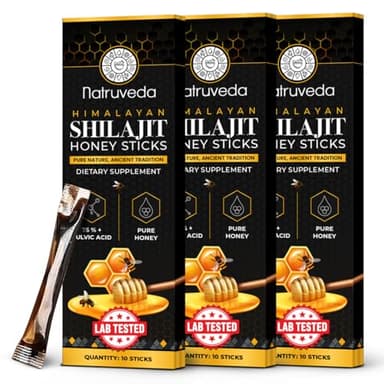 Natruveda, Himalayan Shilajit Honey Sticks for Men & Women - 75%+ Fulvic Acid & Trace Minerals - Raw Honey, Saffron & Himalayan Shilajit Resin - Stamina, Performance & Energy Support - (Pack of 30)