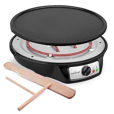 NutriChef Crepe Maker - Cooks Bacon, Roti, Tortillas & Omelets - Easy to Clean Detachable Cooktop - 12 inch Cook Area with Adjustable Temperature - Includes Wooden Spatula & Batter Spreader