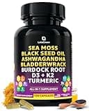 Sea Moss Black Seed Oil Ashwagandha Bladderwrack Burdock Turmeric & Vitamin C, D3, K2 with ACV Elderberry Manuka Honey Dandelion Yellow Dock Iodine Chlorophyll 120 Count