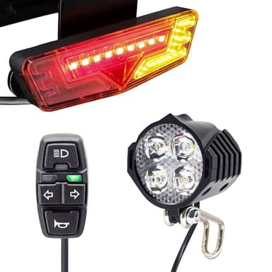 EBike Light Kit with Turn Signals, Front Headlight 400 Lumens, Rear Taillight fits Rack Holes 80mm, Handlebar Control Switch, for E-Bike and Electric Scooter 12V-48V