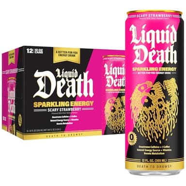 Liquid Death Sparkling Energy - Scary Strawberry, Zero Sugar Energy Drink, Unextreme Caffeine 100mg, Essential Vitamins, 12 Fl Oz (Pack of 12)