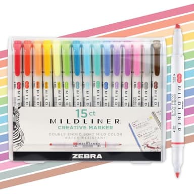 Zebra Pen Mildliner Dual-Tip Highlighter Marker Set, Broad and Fine Point Tips, No Bleed, Ideal for Bible Highlighting, Journaling, School and Office Supplies, Assorted Ink Colors, 15-Pack (78115)