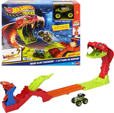 Hot Wheels Monster Trucks Toy Playset, Snake Slam Takedown Track Set with Exclusive 1:64 Scale Bone Shaker Toy Vehicle, Includes Track