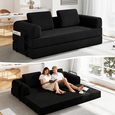 Nivayor 78'' Sleeper Couch Bed for Living Room, Convertible Modular Sofa with Fixed Frame and Side Pocket, Corduroy Futon Boneless Couches in a Box, No Assembly, Black