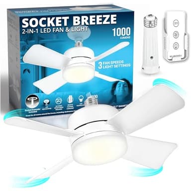 Bell+Howell Socket Breeze Socket Fan Light with Remote, Portable Small Ceiling Fans with Lights for Bedroom, Kitchen, Living Room, Ceiling Fan with Light 3500K, 1000 Lumens, Screws into E26/E27