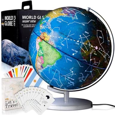SMART WALLABY 9" Illuminated Educational Kids World Globe + STEM Flags & Countries Interactive Card Game. 3 in 1 Children Desktop Spinning Earth Political & Constellation Maps, LED Night Light Lamp