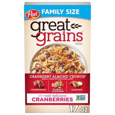 Great Grains Cranberry Almond Crunch Breakfast Cereal for Adults, Dried Cranberries and Almonds, Made with Whole Grain, Non-GMO, Heart Healthy, 17 OZ Box