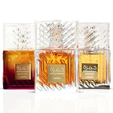 Lattafa Khamrah, Khamrah Qahwa & Khamrah Dukhan Eau De Parfum Sprays 100ML (3.4 OZ) – Unisex Long Lasting Fragrance – 3 Pack Gift Set – Premium Middle Eastern Perfume
